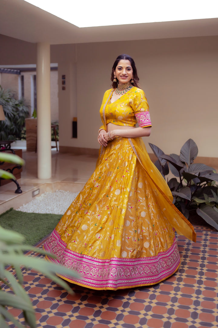 Yellow Brocade Jaal Lehenga Set