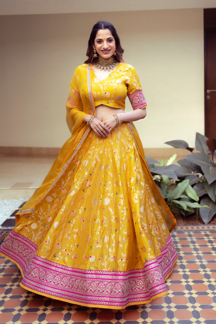 Yellow Brocade Jaal Lehenga Set