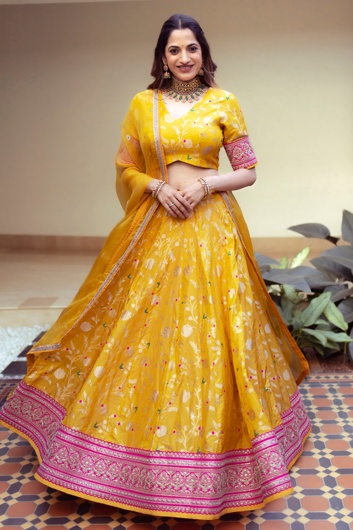 Yellow Brocade Jaal Lehenga Set