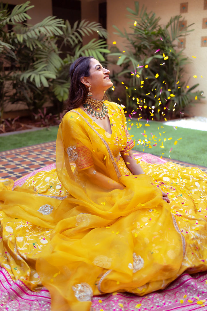 Yellow Brocade Jaal Lehenga Set