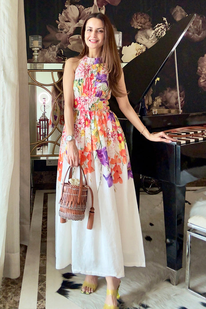 Deepti Solanki In Our Ivory Isla Halter Floral Linen Dress