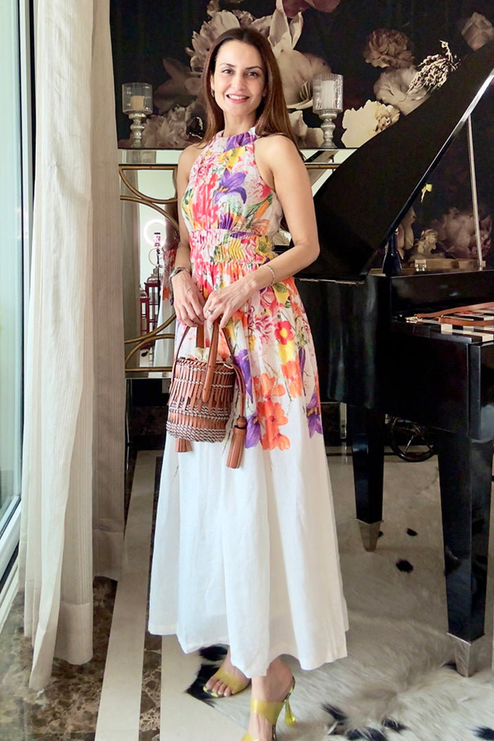 Deepti Solanki In Our Ivory Isla Halter Floral Linen Dress