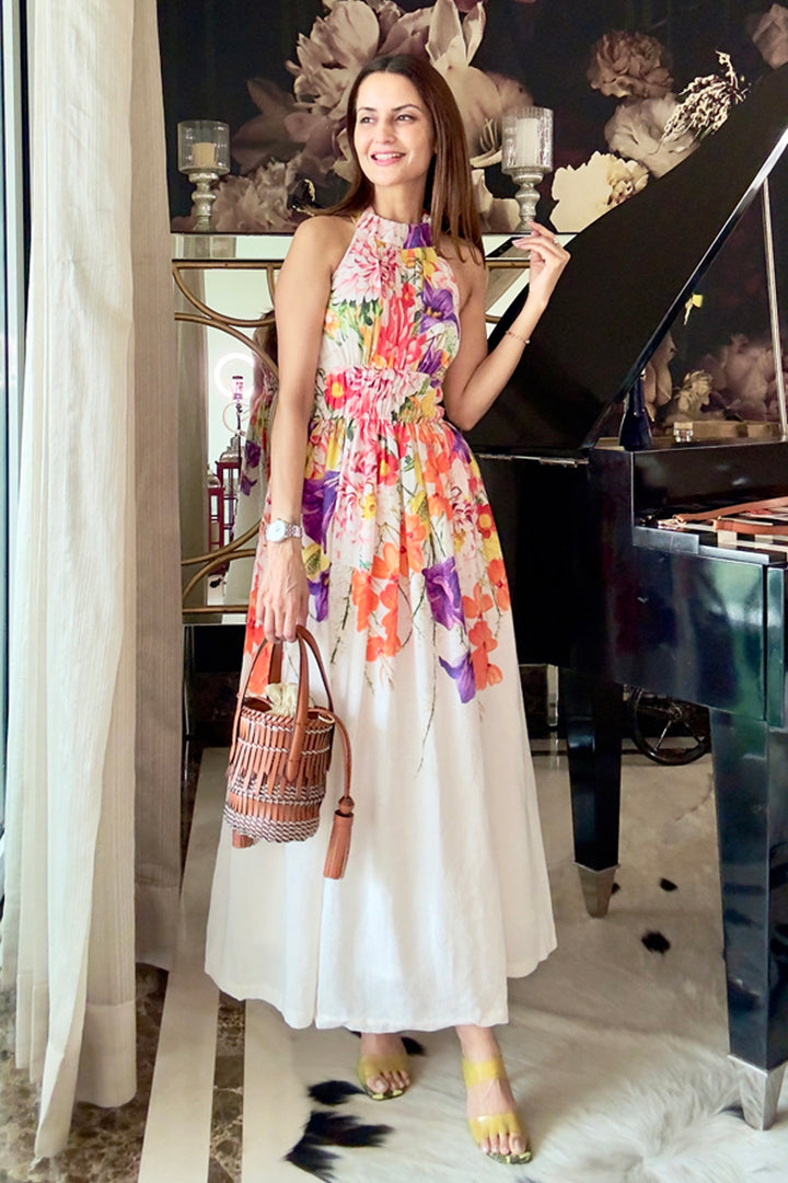Deepti Solanki In Our Ivory Isla Halter Floral Linen Dress
