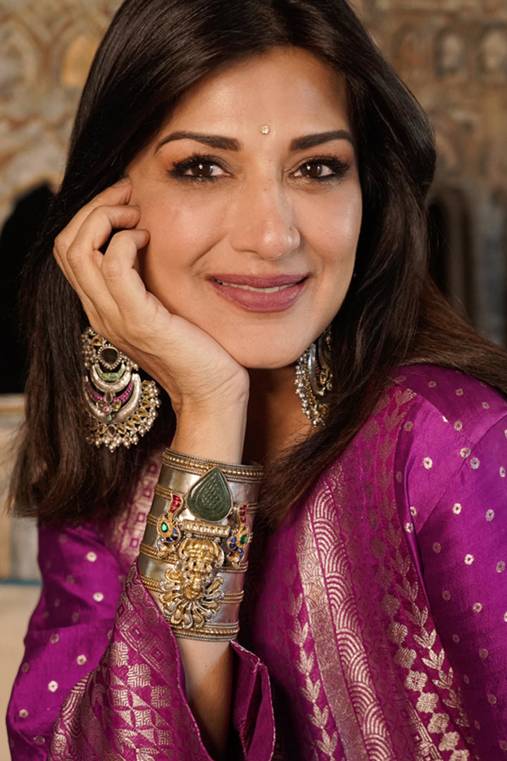 Sonali Bendre In Our Tara-Dotted Brocade Detail Silk Kurta With Dhoti Set (Purple)