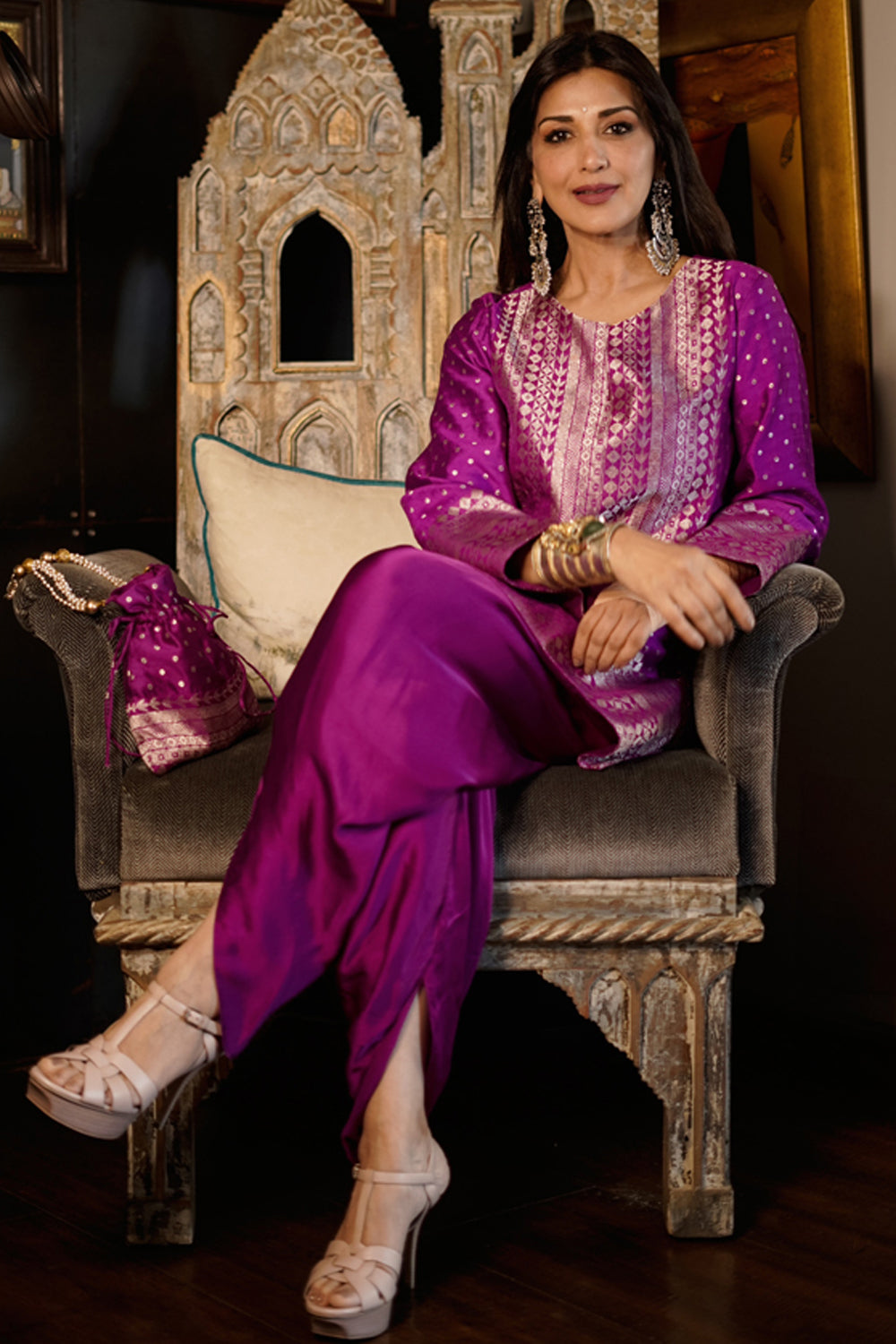 Sonali Bendre In Our Tara-Dotted Brocade Detail Silk Kurta With Dhoti Set (Purple)