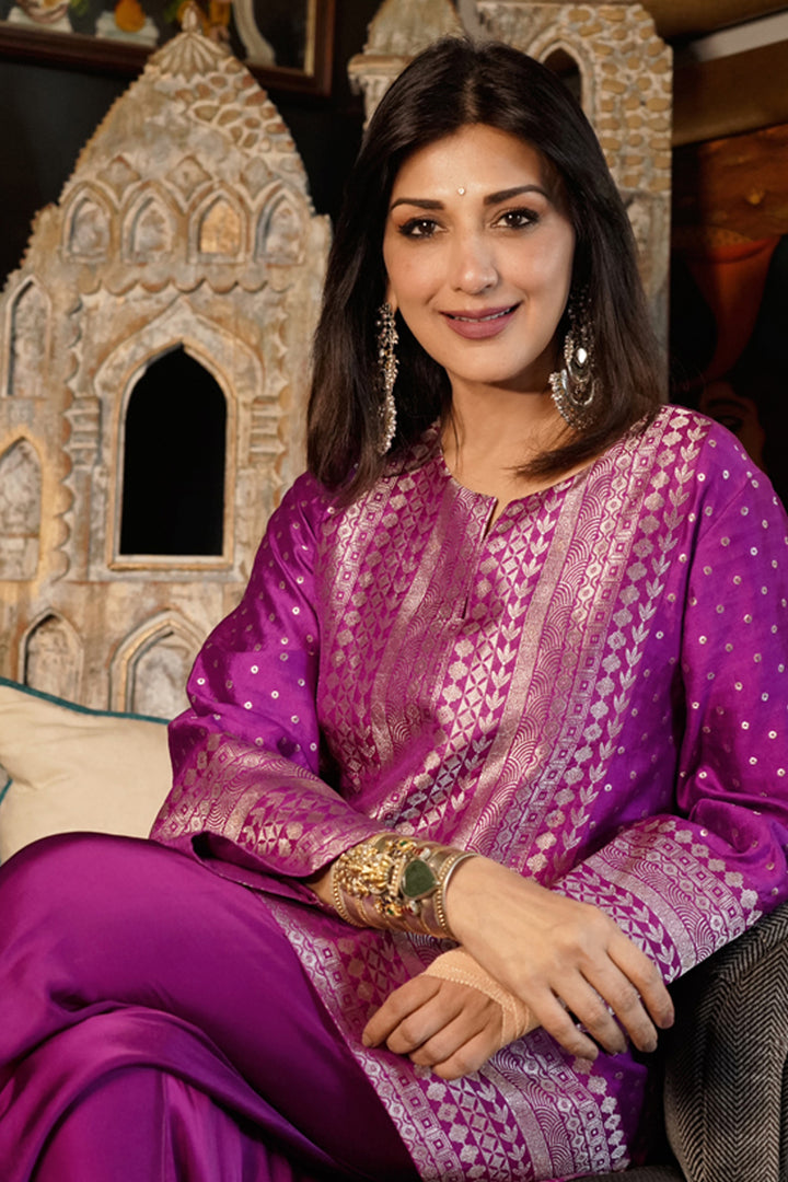 Sonali Bendre In Our Tara-Dotted Brocade Detail Silk Kurta With Dhoti Set (Purple)