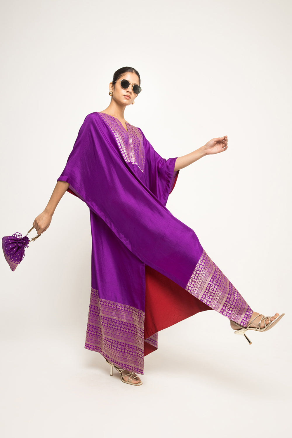 Siya-Silk Kaftan With Brocade Detail (Purple)