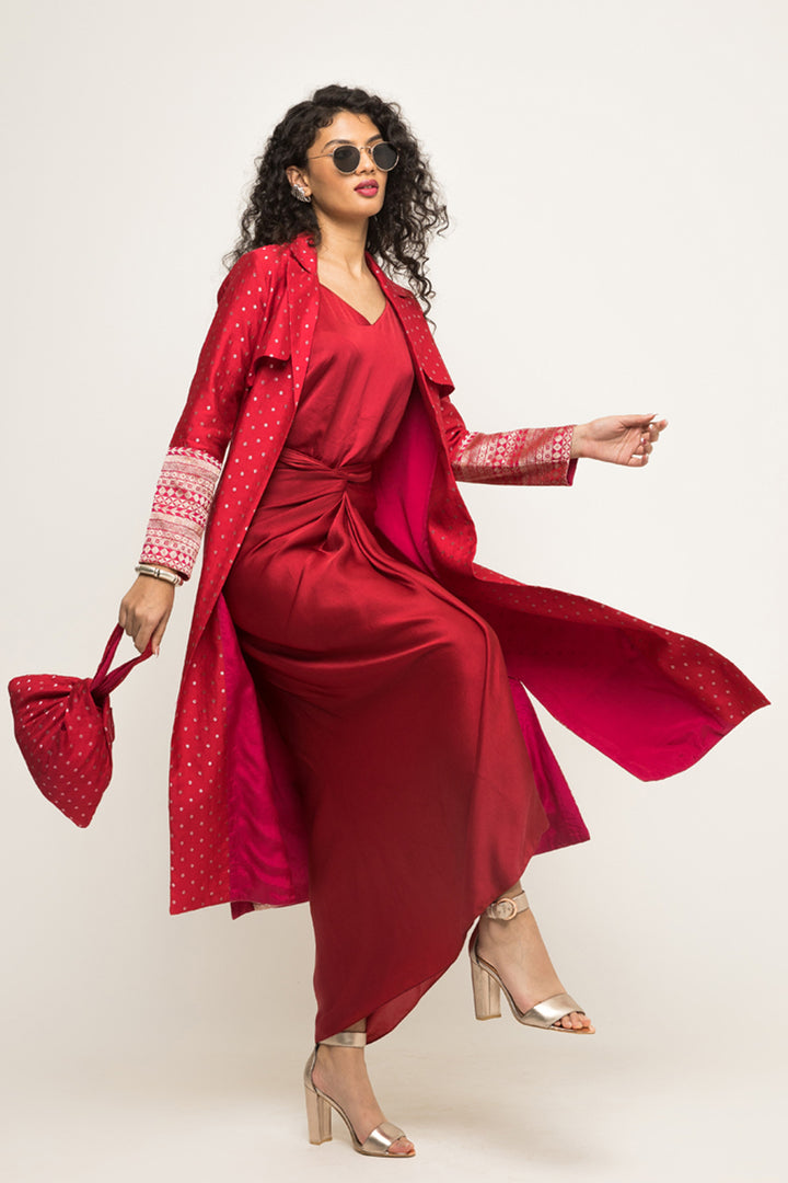 Alaya-Brocade Trench Jacket Paired With Matching Twist Dress (Red)