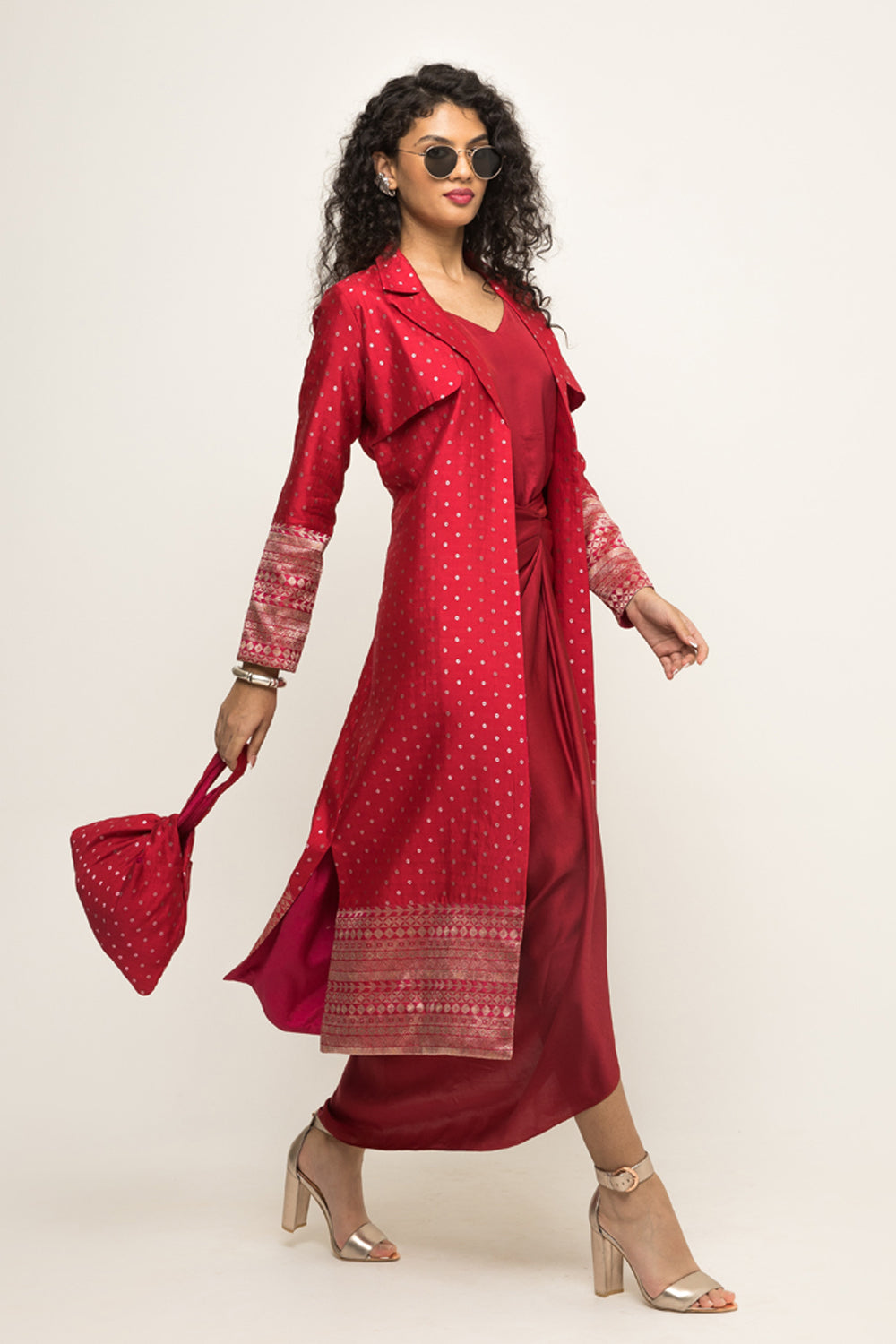 Alaya-Brocade Trench Jacket Paired With Matching Twist Dress (Red)