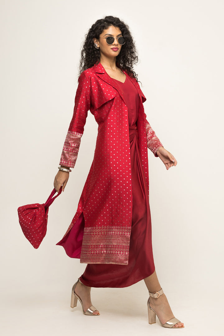 Alaya-Brocade Trench Jacket Paired With Matching Twist Dress (Red)