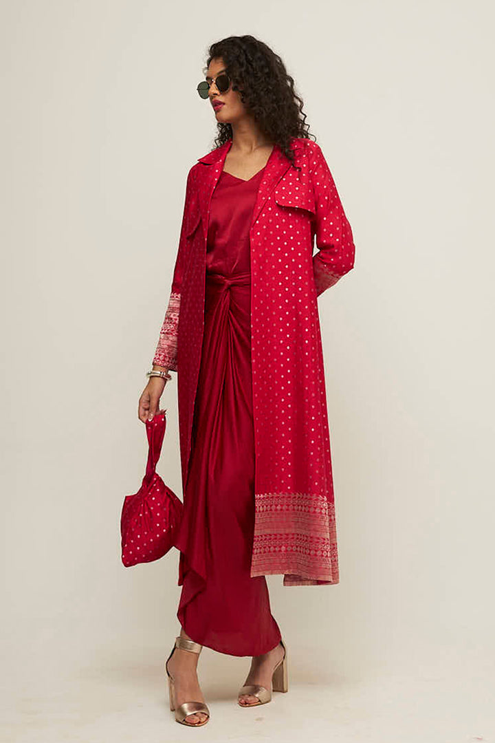 Alaya-Brocade Trench Jacket Paired With Matching Twist Dress (Red)