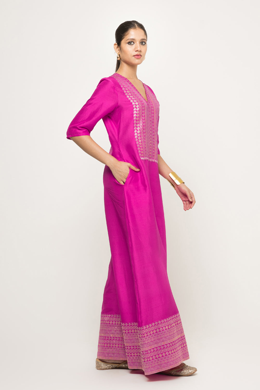 Sayra-Statement Silk Jumpsuit with Brocade Detail (Pink)