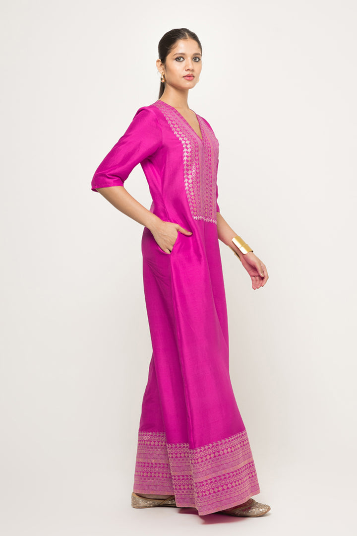 Sayra-Statement Silk Jumpsuit with Brocade Detail (Pink)