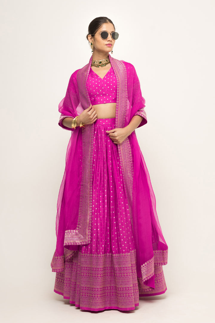 Fuschia Pink Dotted Brocade Lehenga Set