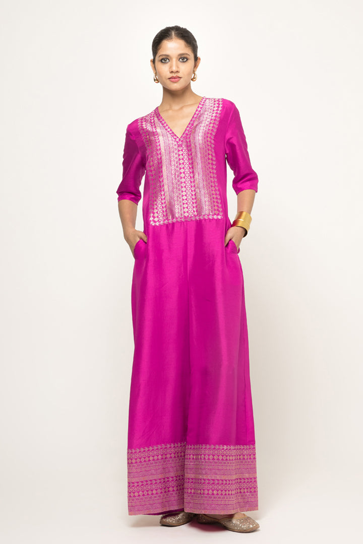 Sayra-Statement Silk Jumpsuit with Brocade Detail (Pink)