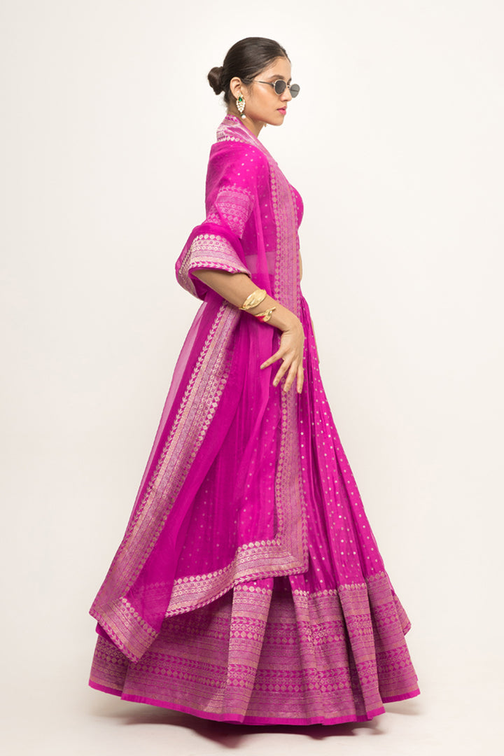 Fuschia Pink Dotted Brocade Lehenga Set