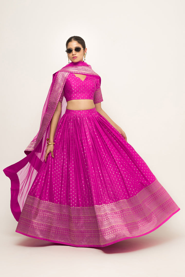 Fuschia Pink Dotted Brocade Lehenga Set