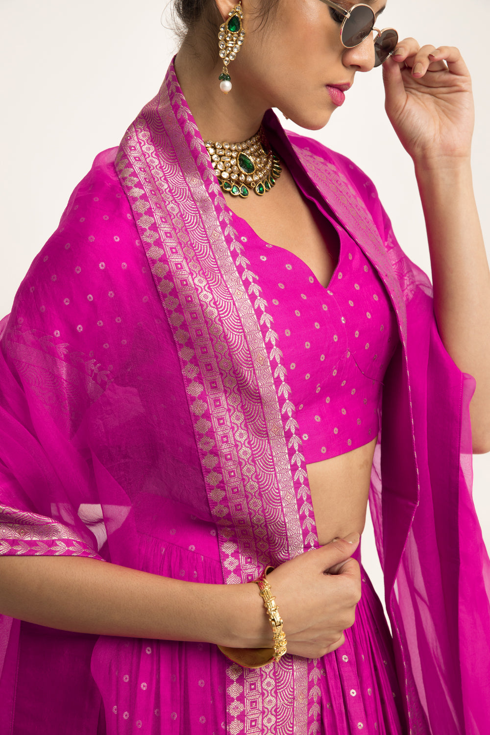 Fuschia Pink Dotted Brocade Lehenga Set