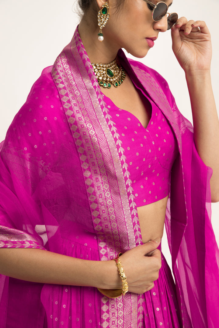 Fuschia Pink Dotted Brocade Lehenga Set