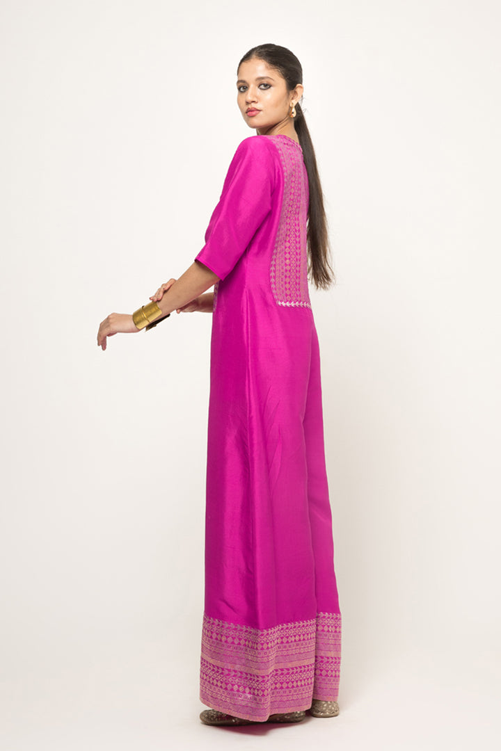 Sayra-Statement Silk Jumpsuit with Brocade Detail (Pink)
