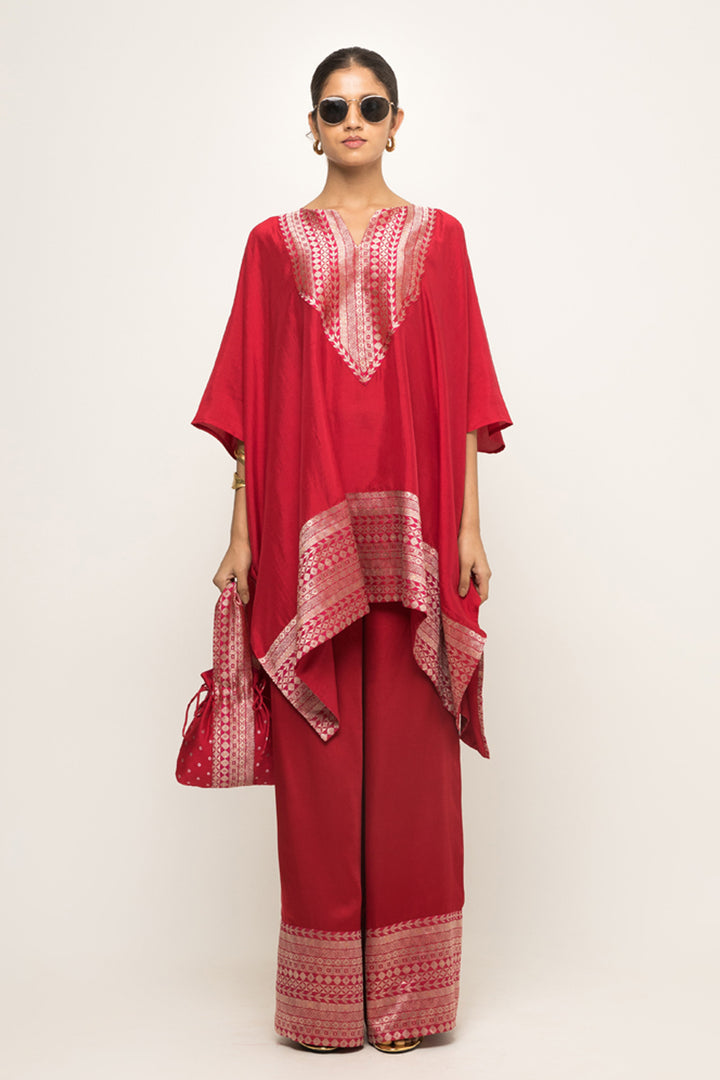 Triya-Asymmetrical Banarasi Silk Kurta & Pants Set (Red)