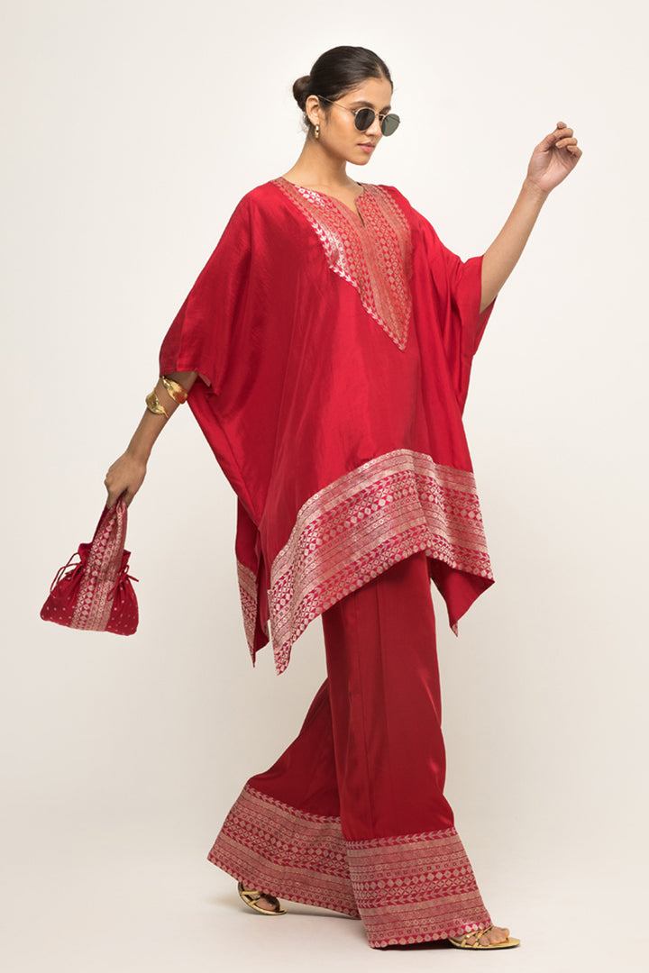 Triya-Asymmetrical Banarasi Silk Kurta & Pants Set (Red)