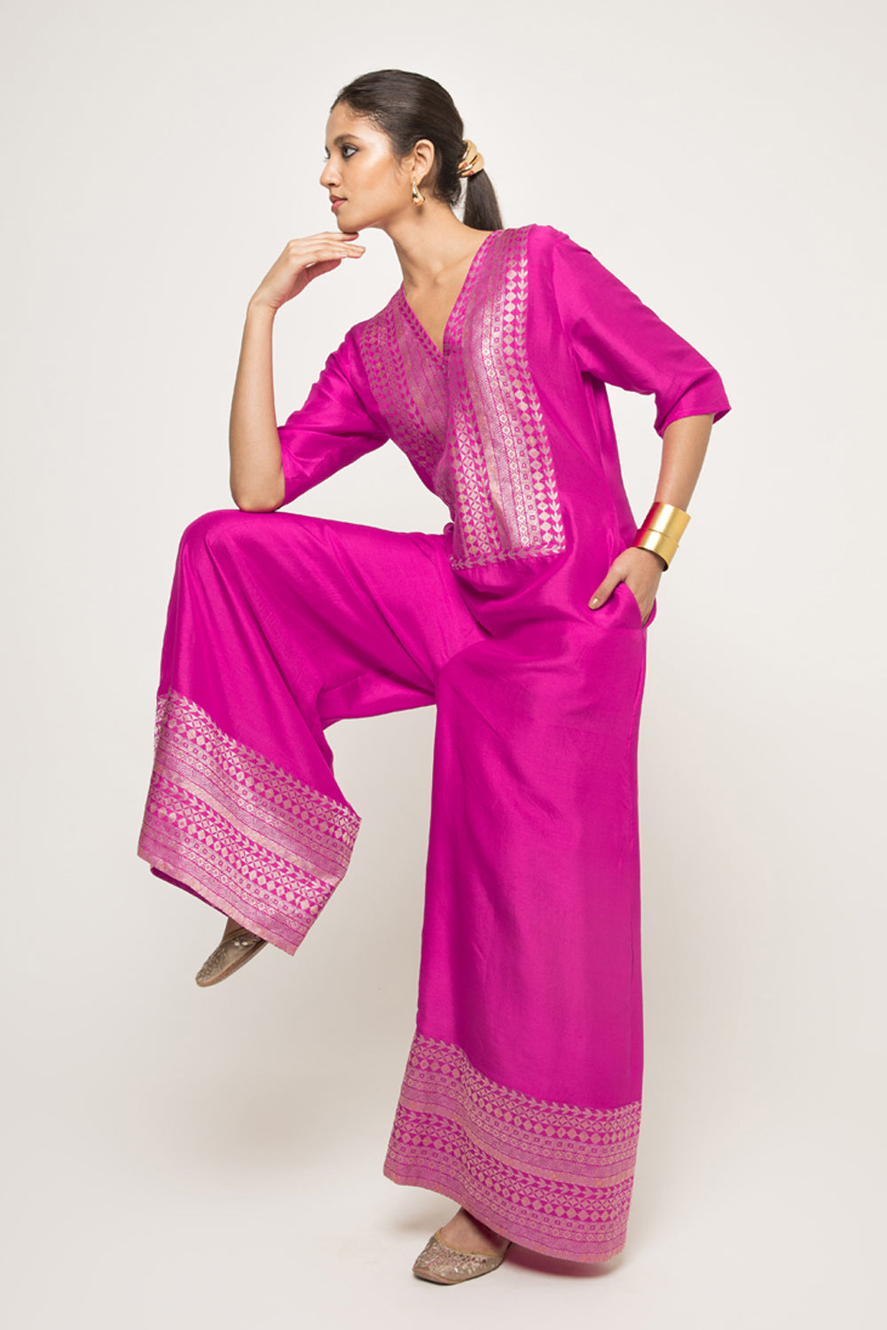 Sayra-Statement Silk Jumpsuit with Brocade Detail (Pink)