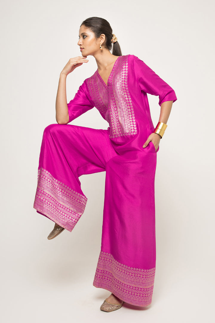 Sayra-Statement Silk Jumpsuit with Brocade Detail (Pink)