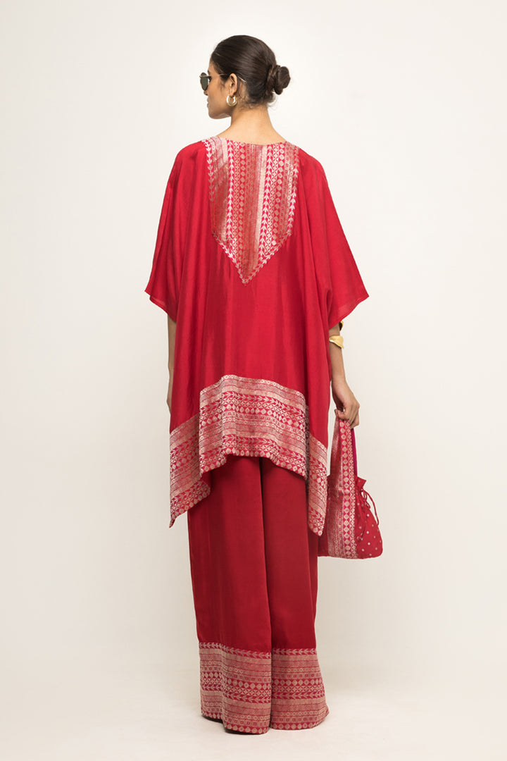 Triya-Asymmetrical Banarasi Silk Kurta & Pants Set (Red)
