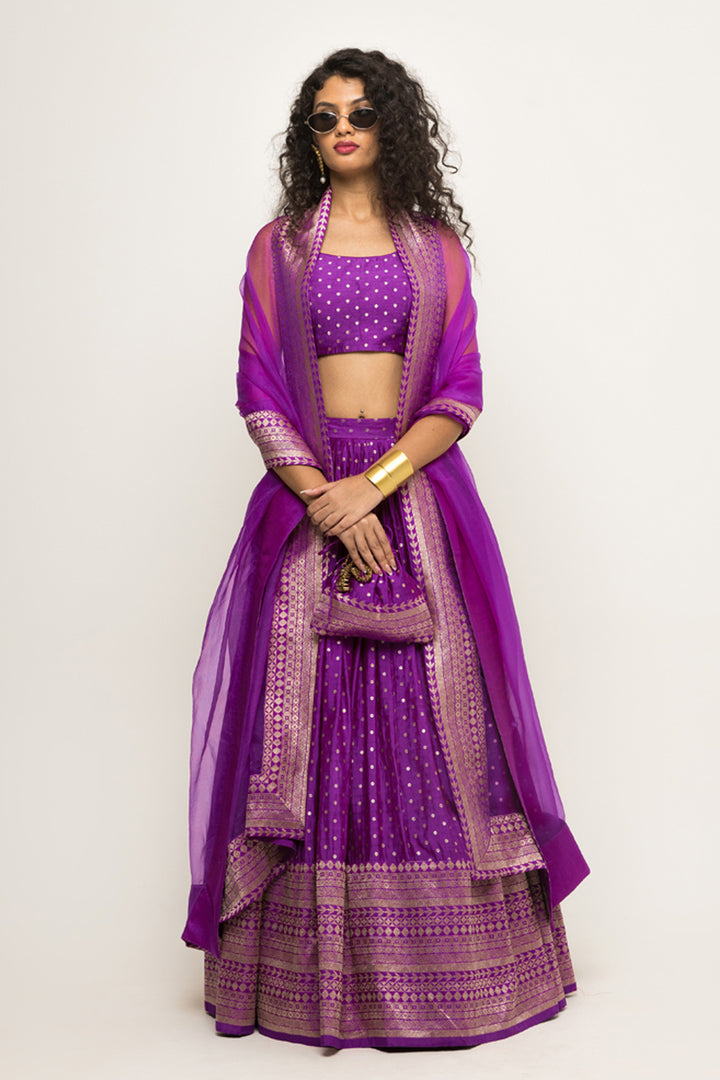 Purple Dotted Brocade Lehenga Set