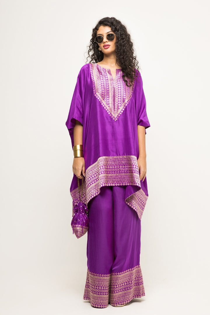 Triya-Asymmetrical Banarasi Silk Kurta & Pants Set (Purple)