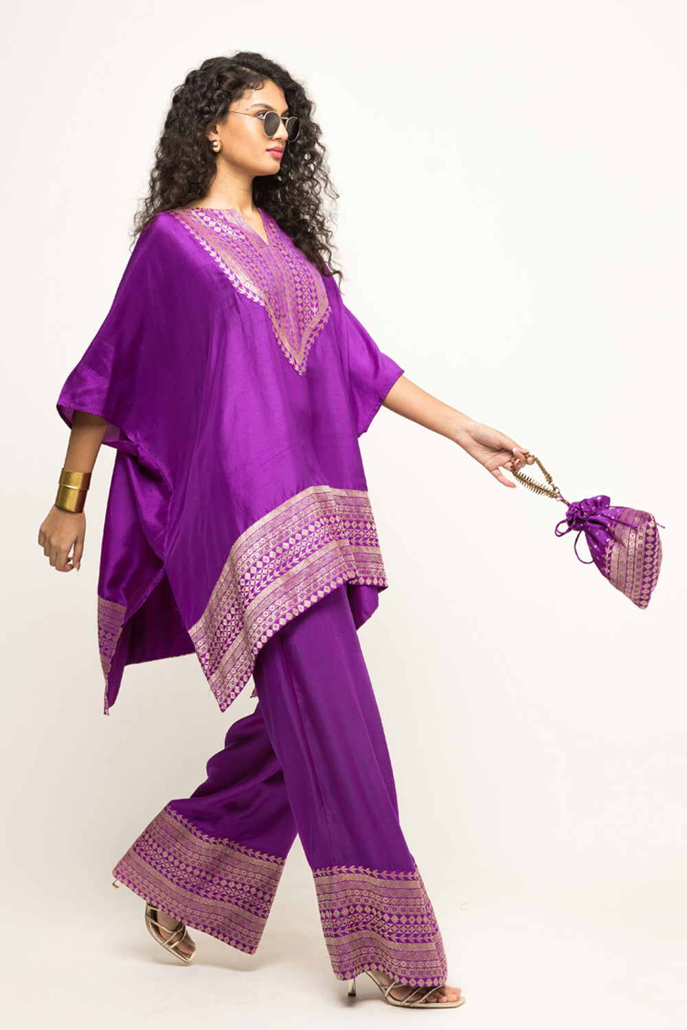 Triya-Asymmetrical Banarasi Silk Kurta & Pants Set (Purple)