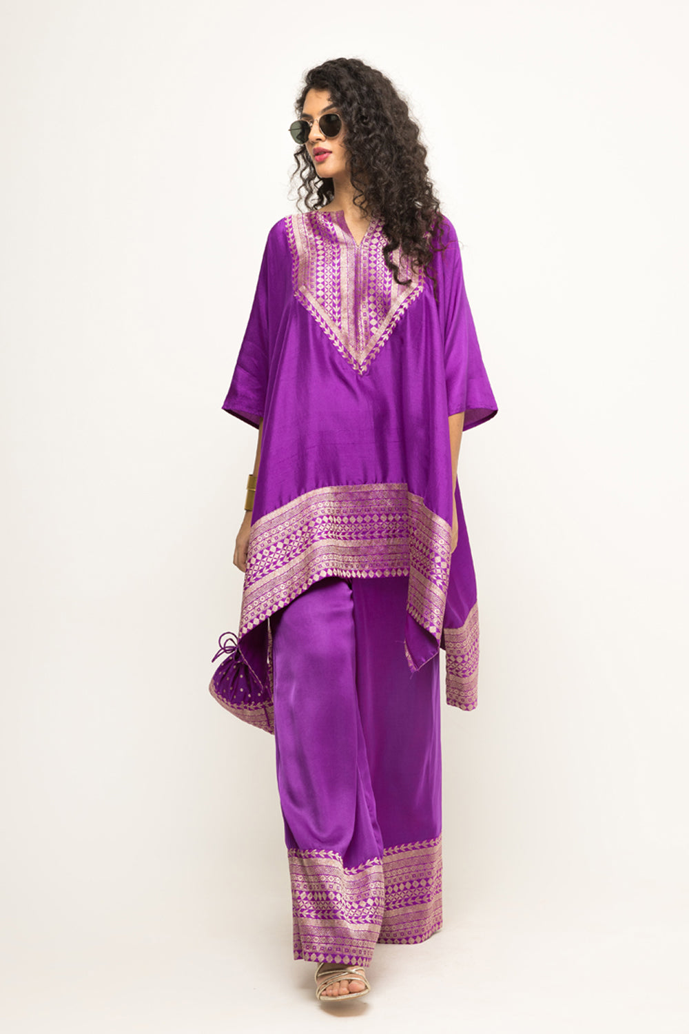 Triya-Asymmetrical Banarasi Silk Kurta & Pants Set (Purple)