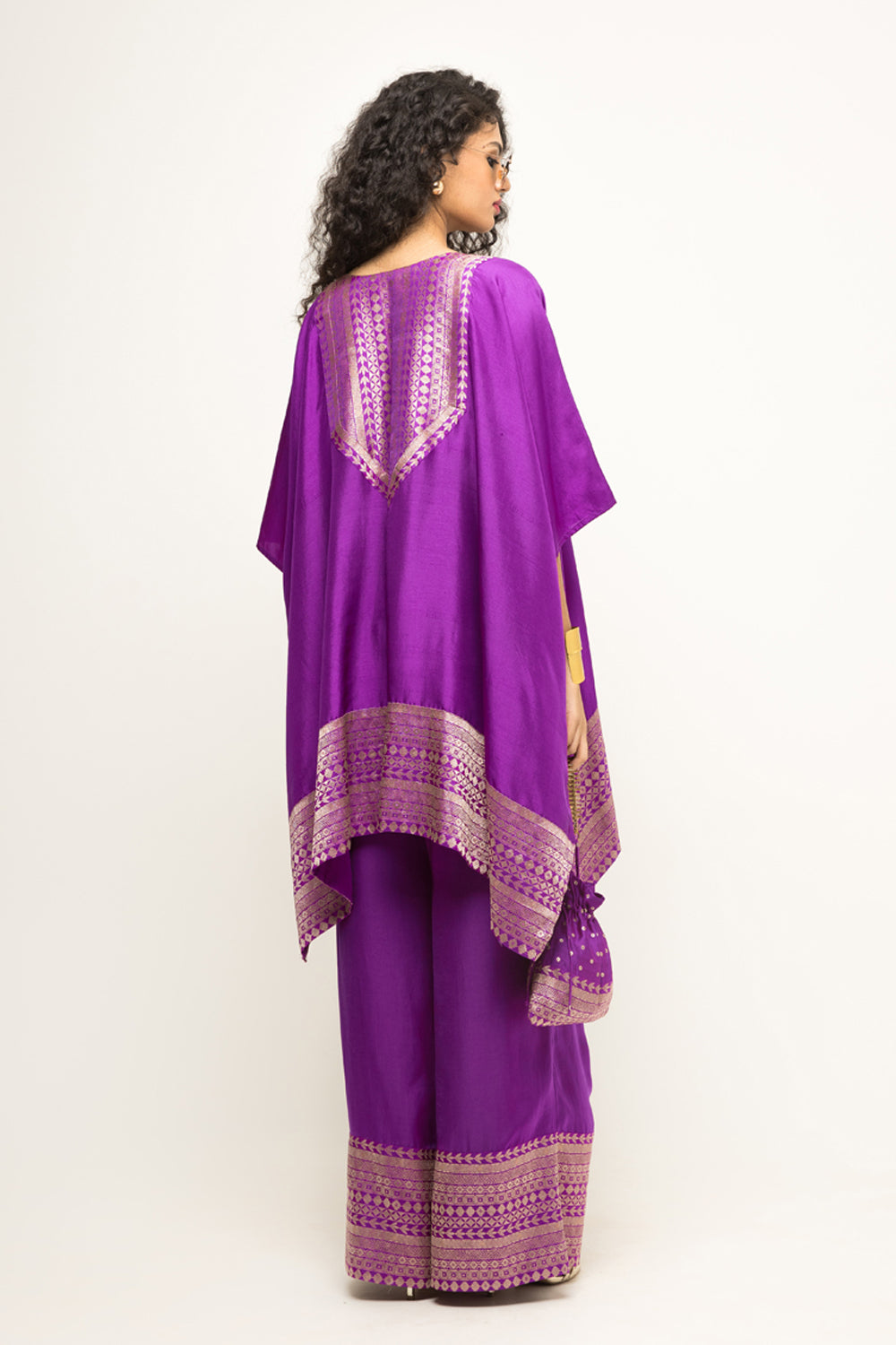 Triya-Asymmetrical Banarasi Silk Kurta & Pants Set (Purple)