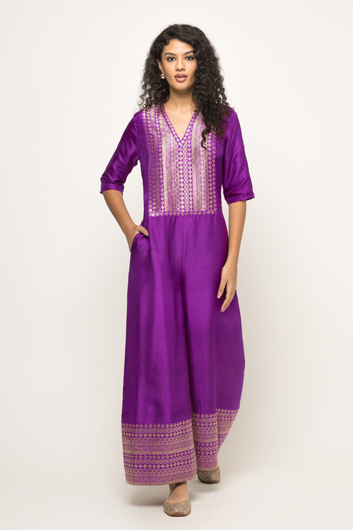 Sayra-Statement Silk Jumpsuit with Brocade Detail (Purple)