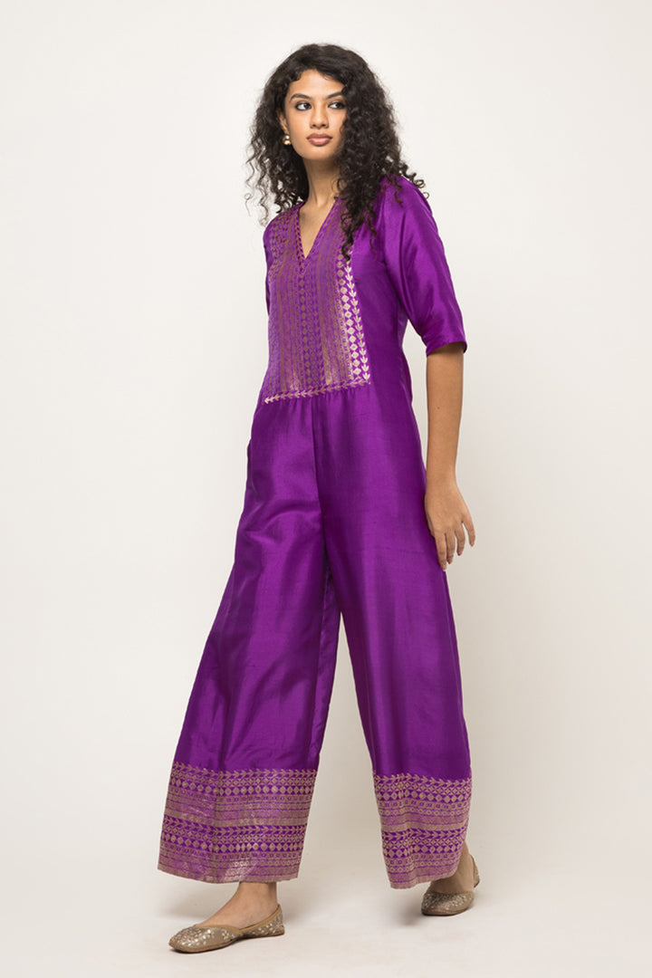 Sayra-Statement Silk Jumpsuit with Brocade Detail (Purple)