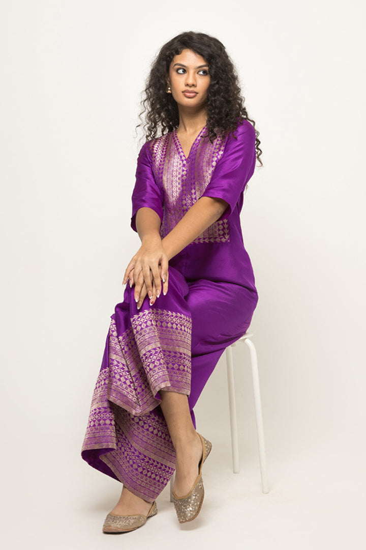 Sayra-Statement Silk Jumpsuit with Brocade Detail (Purple)