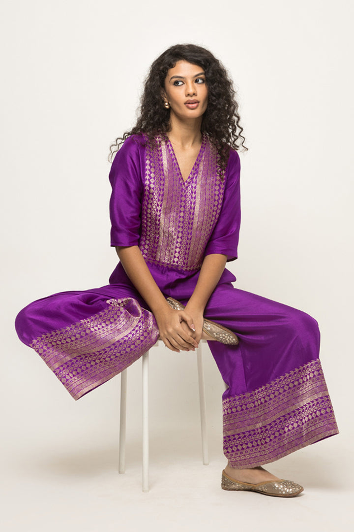 Sayra-Statement Silk Jumpsuit with Brocade Detail (Purple)