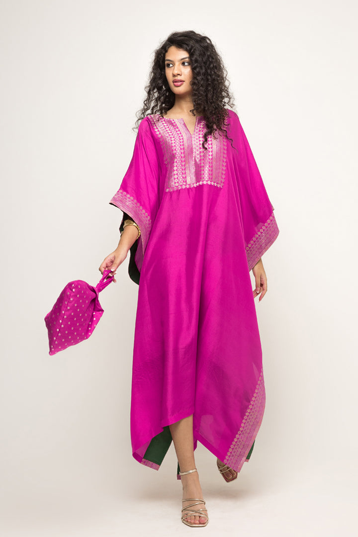 Siya-Silk Kaftan With Brocade Detail (Pink)