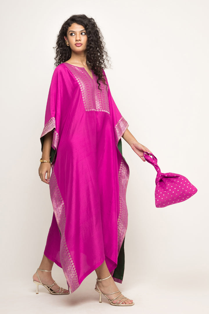 Siya-Silk Kaftan With Brocade Detail (Pink)