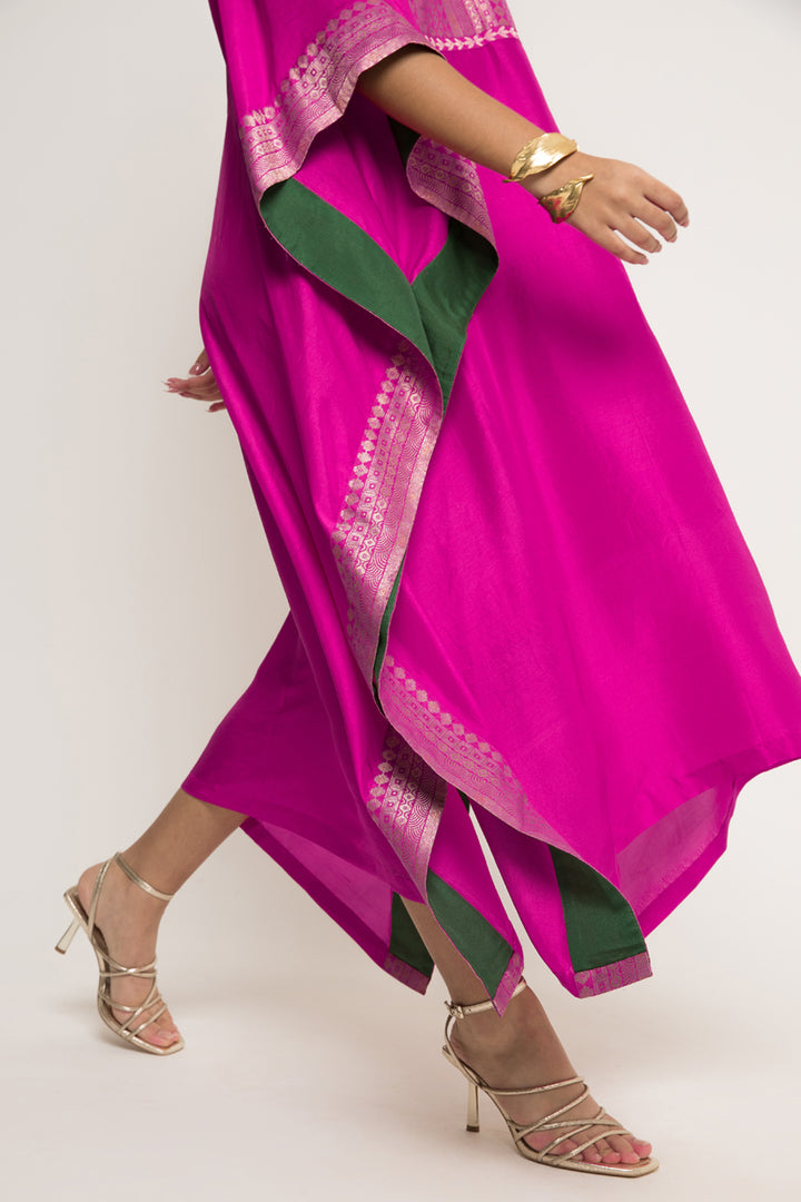 Siya-Silk Kaftan With Brocade Detail (Pink)