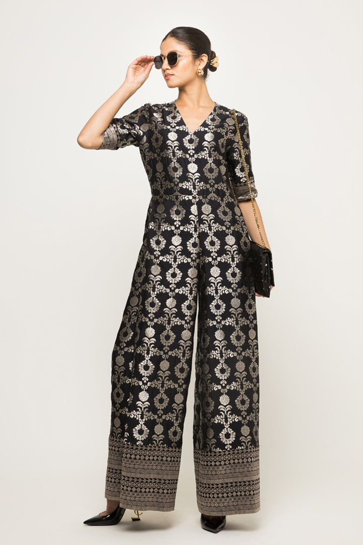 Maya-Statement Brocade Jumpsuit (Black)