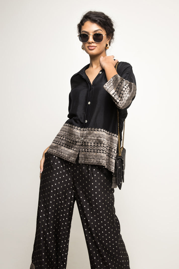 Jeha-Silk Shirt With Brocade Detail Paired With Statement Brocade Pants