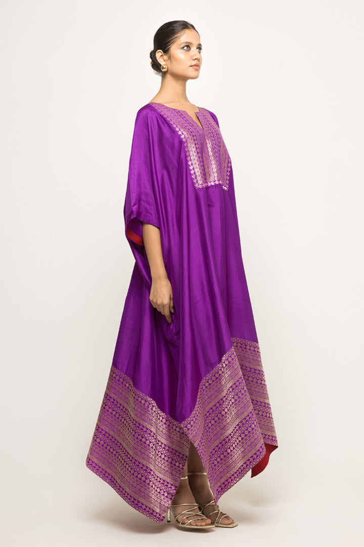 Siya-Silk Kaftan With Brocade Detail (Purple)