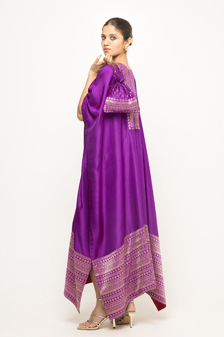 Siya-Silk Kaftan With Brocade Detail (Purple)