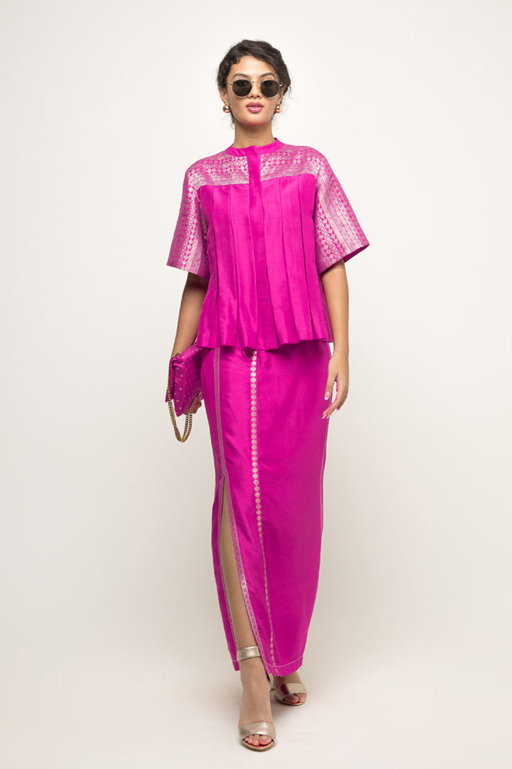 Suri-Brocade Detail Box Pleated Silk Top With Skirt Set (Pink)