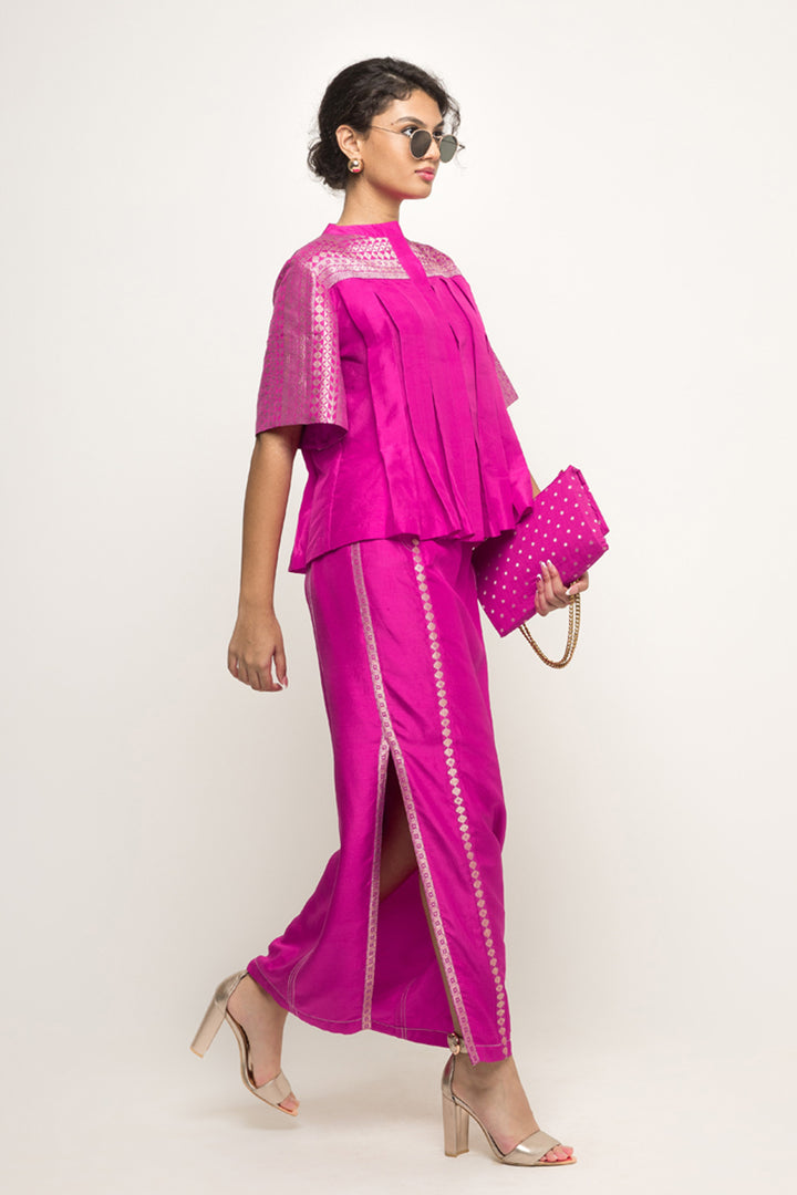 Suri-Brocade Detail Box Pleated Silk Top With Skirt Set (Pink)