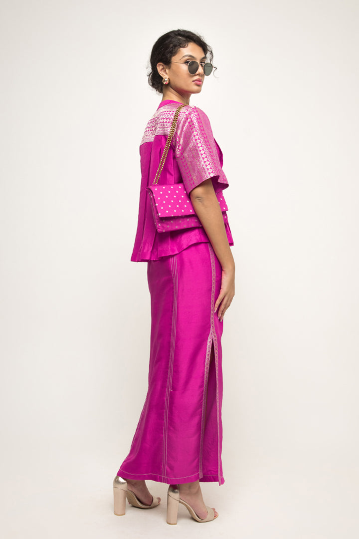 Suri-Brocade Detail Box Pleated Silk Top With Skirt Set (Pink)
