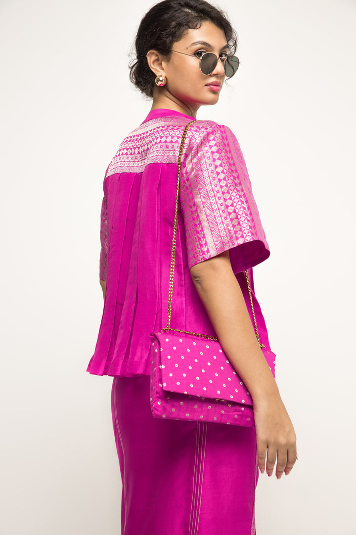 Suri-Brocade Detail Box Pleated Silk Top With Skirt Set (Pink)