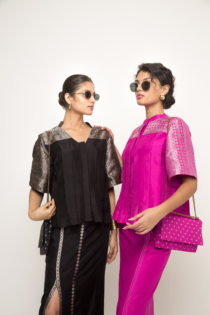 Suri-Brocade Detail Box Pleated Silk Top With Skirt Set (Pink)